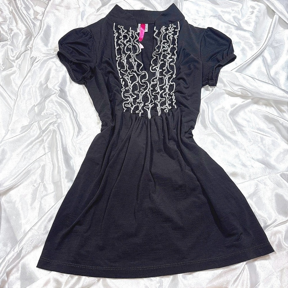y2k Ruffle Babydoll Tunic Top Black Empire Waist Puff Sleeve Blouse